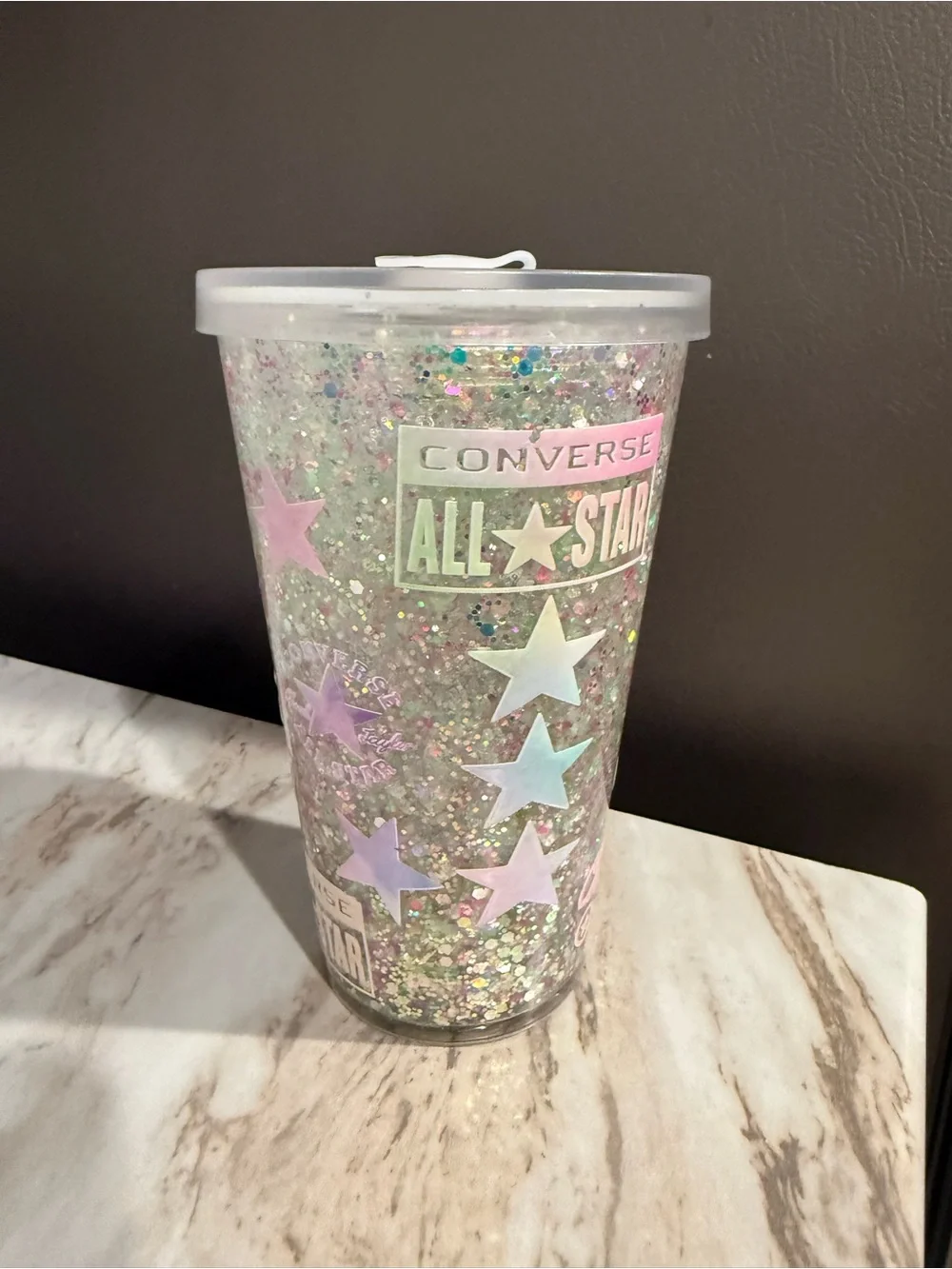 Converse Pink Star Glitter Travel Tumbler with Holographic Glitter